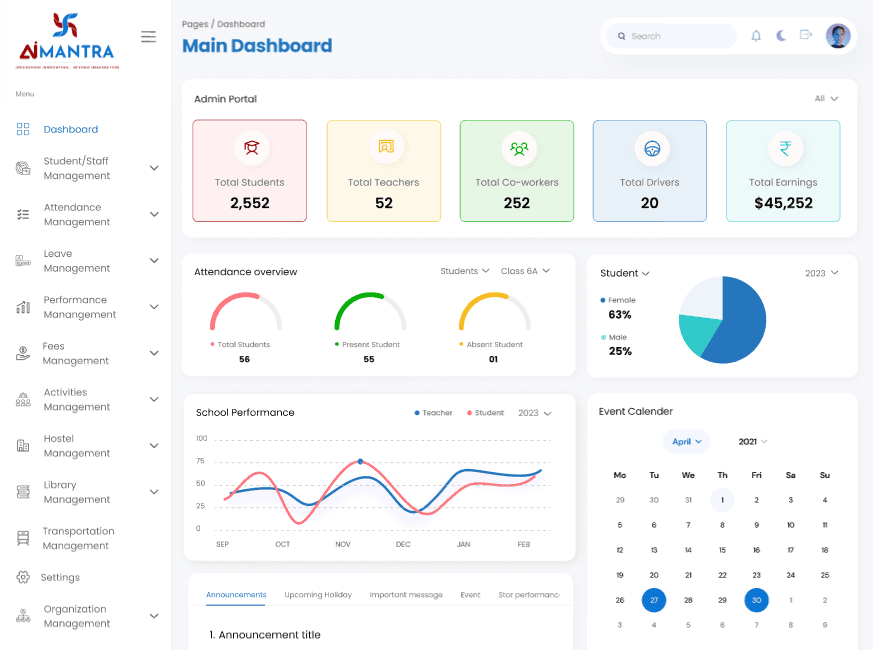 School Management System dashboard interface